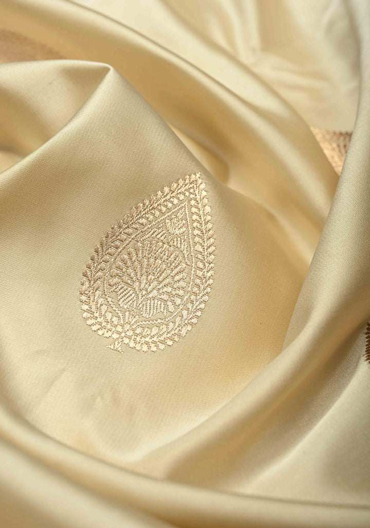 Exquisite Beige Banarasi Pure Mashru Silk Saree with Zari Buttas and Yellow-Green Wide Stripes Border | SILK MARK CERTIFIED