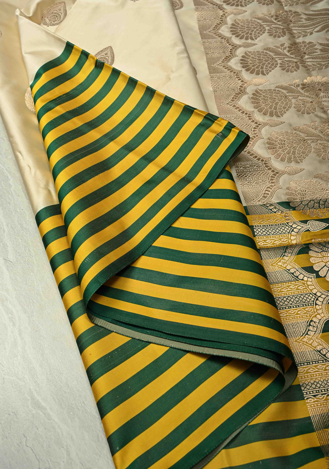 Exquisite Beige Banarasi Pure Mashru Silk Saree with Zari Buttas and Yellow-Green Wide Stripes Border | SILK MARK CERTIFIED