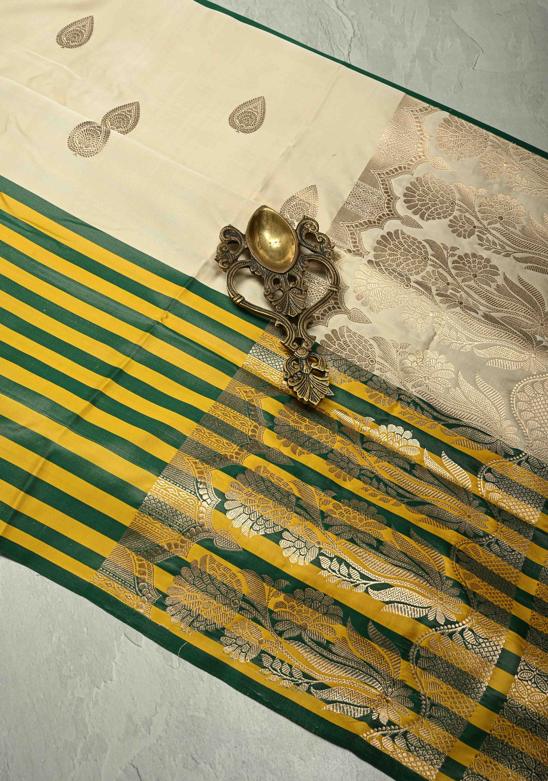 Exquisite Beige Banarasi Pure Mashru Silk Saree with Zari Buttas and Yellow-Green Wide Stripes Border | SILK MARK CERTIFIED