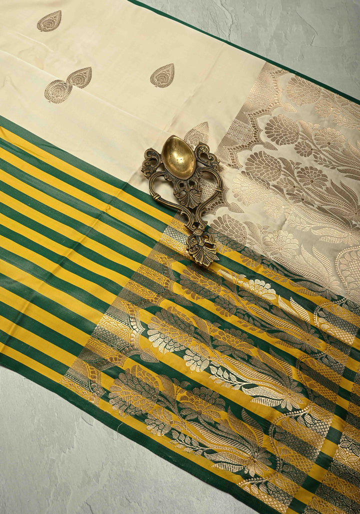 Exquisite Beige Banarasi Pure Mashru Silk Saree with Zari Buttas and Yellow-Green Wide Stripes Border | SILK MARK CERTIFIED