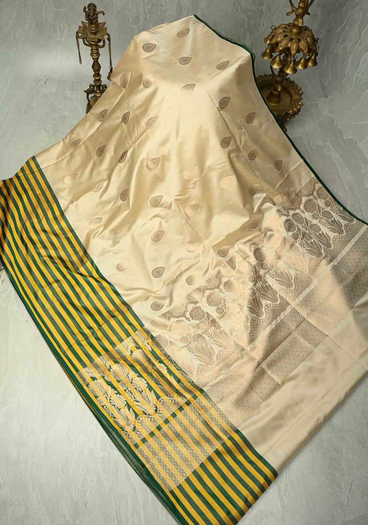 Exquisite Beige Banarasi Pure Mashru Silk Saree with Zari Buttas and Yellow-Green Wide Stripes Border | SILK MARK CERTIFIED