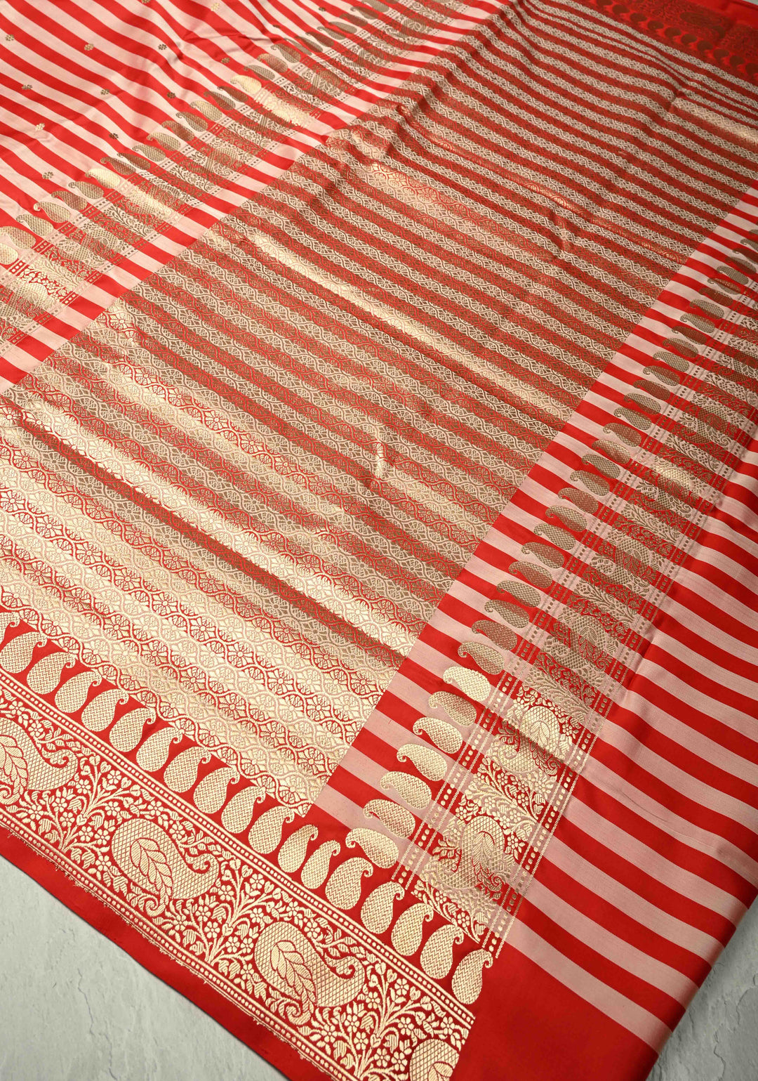 Red Banarasi Mashru Silk Saree with Chunri Buttis Horizontal Panel and Zari Border | SILK MARK CERTIFIED | SHOBITAM