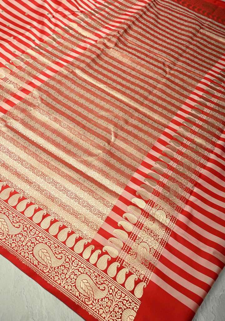 Red Banarasi Mashru Silk Saree with Chunri Buttis Horizontal Panel and Zari Border | SILK MARK CERTIFIED | SHOBITAM