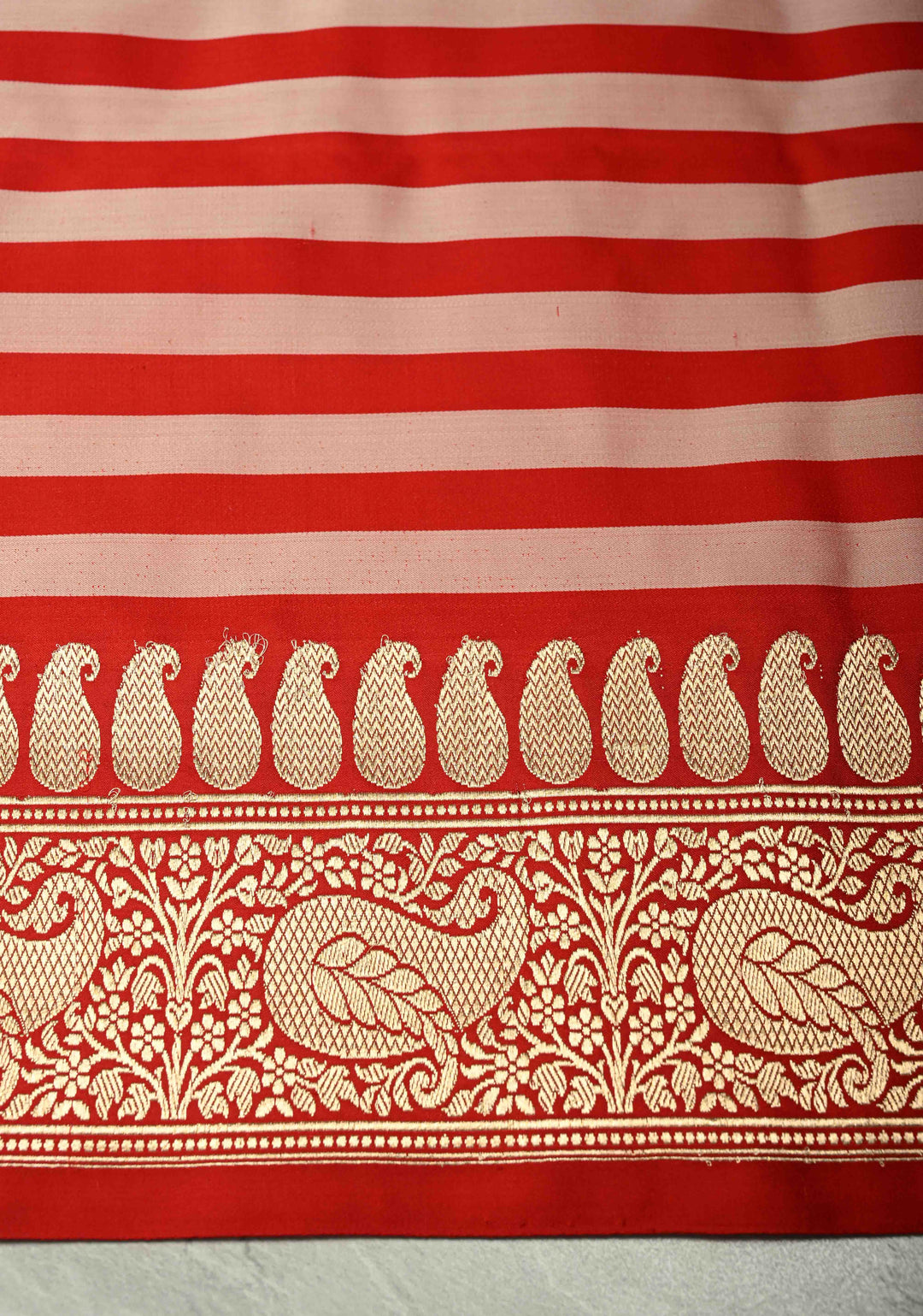 Red Banarasi Mashru Silk Saree with Chunri Buttis Horizontal Panel and Zari Border | SILK MARK CERTIFIED