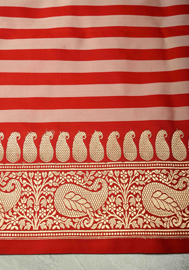 Red Banarasi Mashru Silk Saree with Chunri Buttis Horizontal Panel and Zari Border | SILK MARK CERTIFIED