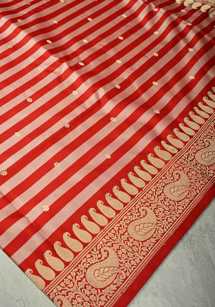 Red Banarasi Mashru Silk Saree with Chunri Buttis Horizontal Panel and Zari Border | SILK MARK CERTIFIED