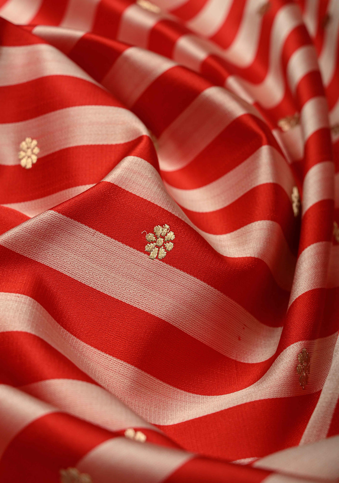 Red Banarasi Mashru Silk Saree with Chunri Buttis Horizontal Panel and Zari Border | SILK MARK CERTIFIED