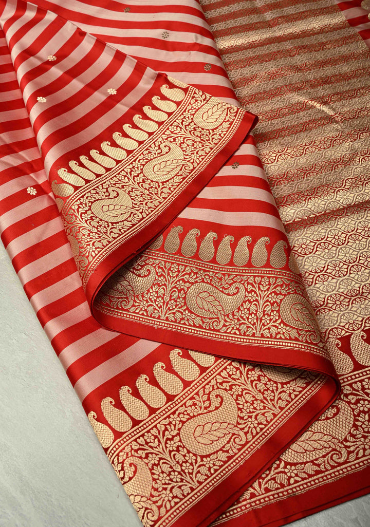 Red Banarasi Mashru Silk Saree with Chunri Buttis Horizontal Panel and Zari Border | SILK MARK CERTIFIED | SHOBITAM