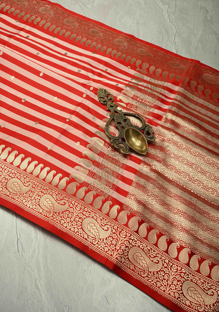 Red Banarasi Mashru Silk Saree with Chunri Buttis Horizontal Panel and Zari Border | SILK MARK CERTIFIED | SHOBITAM
