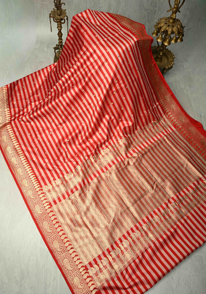 Red Banarasi Mashru Silk Saree with Chunri Buttis Horizontal Panel and Zari Border | SILK MARK CERTIFIED | SHOBITAM