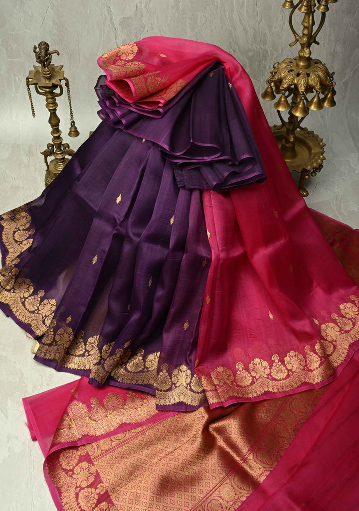 Purple-Pink Half and Half Pure Banarasi Organza Silk Saree with Zari Buttis Scallop Border | SILK MARK CERTIFIED | SHOBITAM