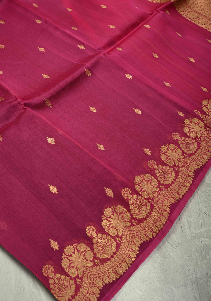 Purple-Pink Half and Half Pure Banarasi Organza Silk Saree with Zari Buttis Scallop Border | SILK MARK CERTIFIED