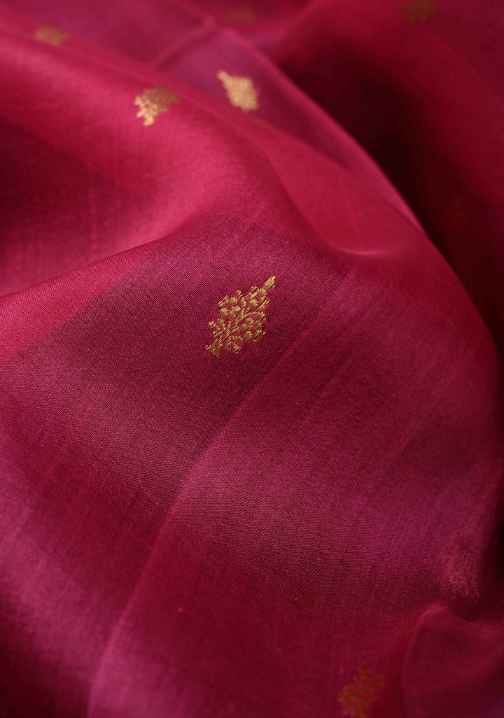 Purple-Pink Half and Half Pure Banarasi Organza Silk Saree with Zari Buttis Scallop Border | SILK MARK CERTIFIED | SHOBITAM
