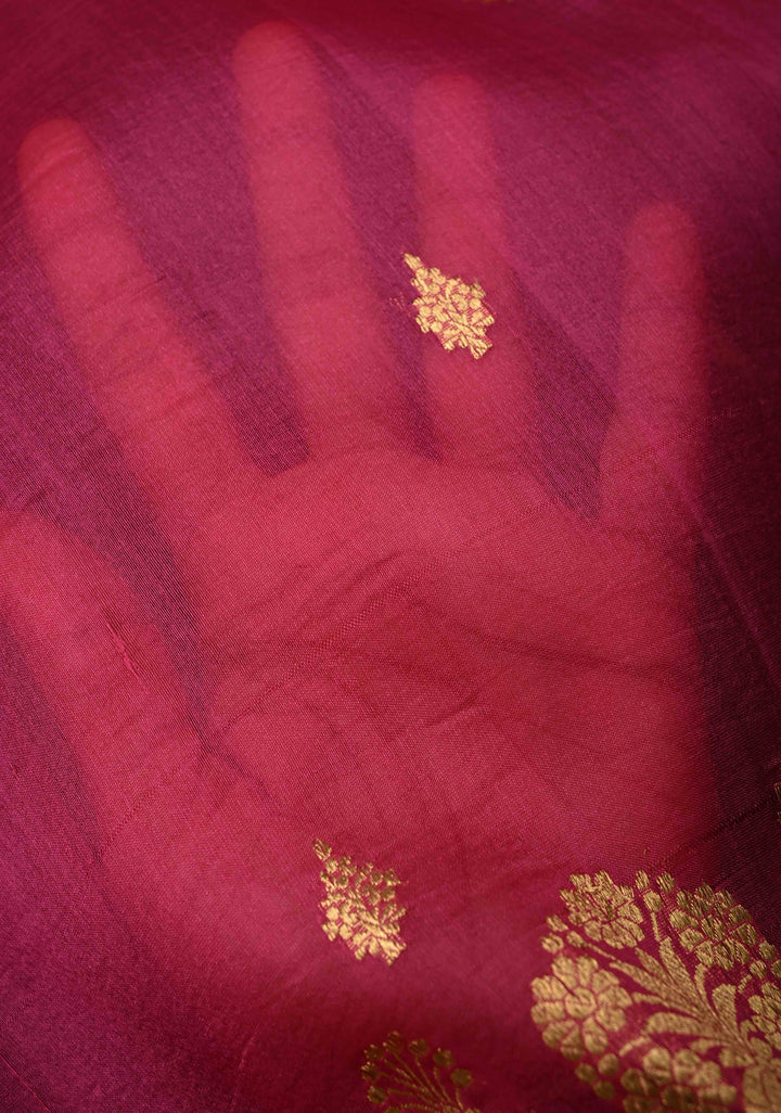 Purple-Pink Half and Half Pure Banarasi Organza Silk Saree with Zari Buttis Scallop Border | SILK MARK CERTIFIED