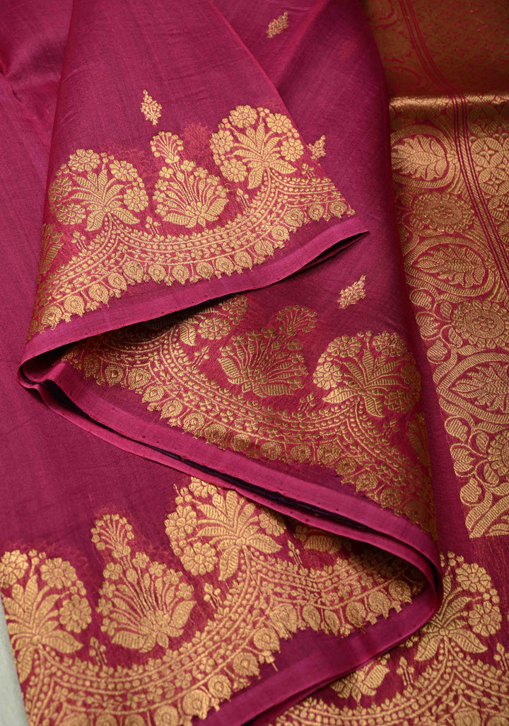 Purple-Pink Half and Half Pure Banarasi Organza Silk Saree with Zari Buttis Scallop Border | SILK MARK CERTIFIED