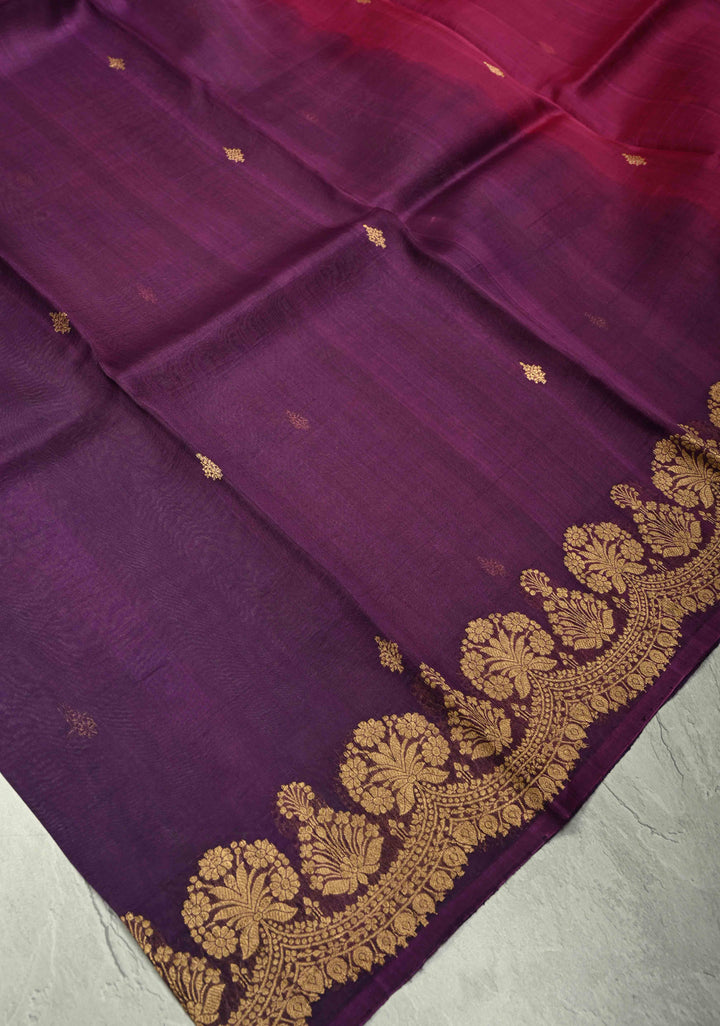 Purple-Pink Half and Half Pure Banarasi Organza Silk Saree with Zari Buttis Scallop Border | SILK MARK CERTIFIED | SHOBITAM