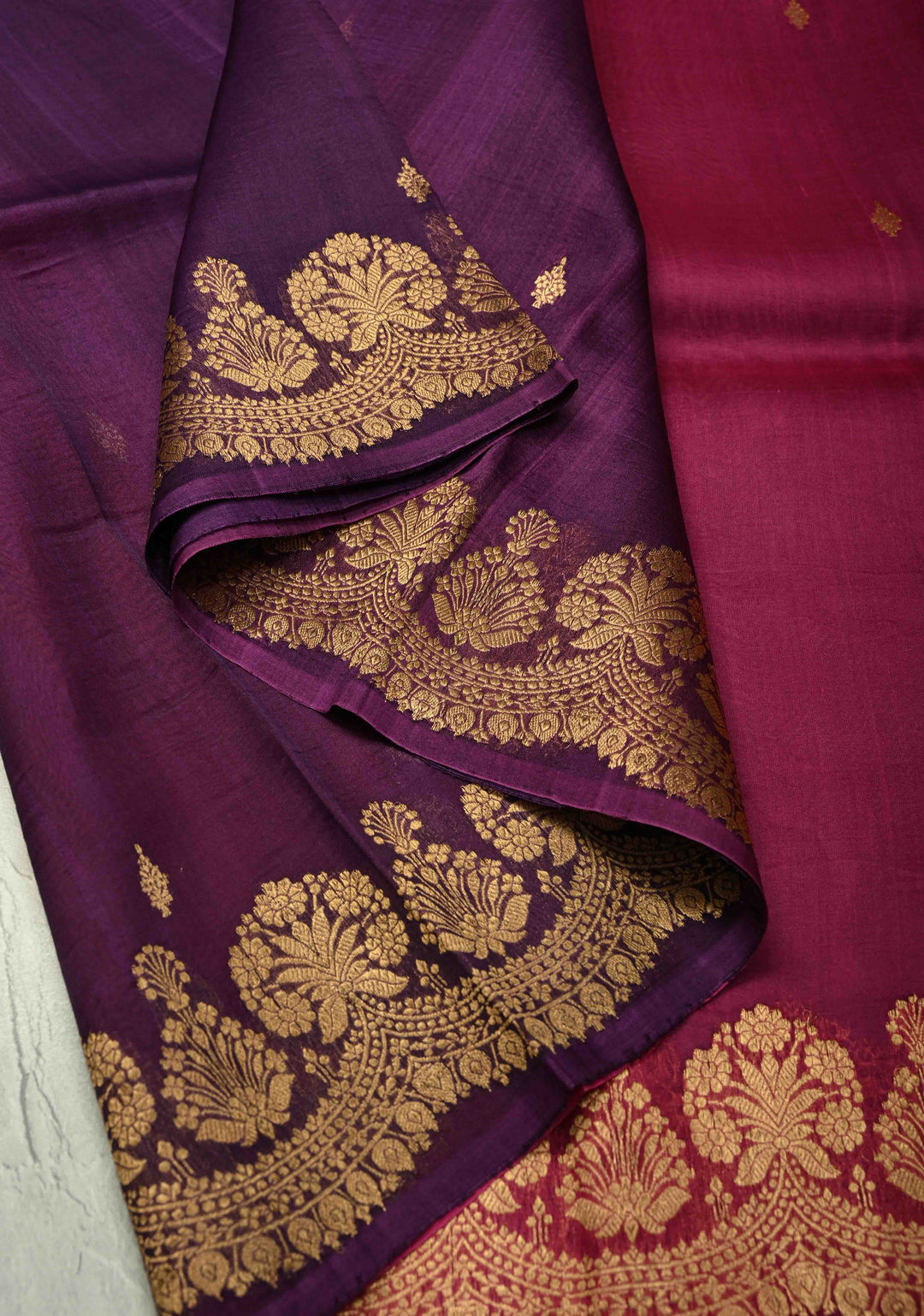 Purple-Pink Half and Half Pure Banarasi Organza Silk Saree with Zari Buttis Scallop Border | SILK MARK CERTIFIED | SHOBITAM