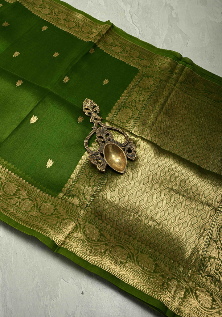 Mehendi Green Pure Banarasi Kora Silk Saree with Zari Buttas and Zari Border | SILK MARK CERTIFIED