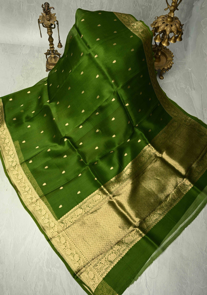 Mehendi Green Pure Banarasi Kora Silk Saree with Zari Buttas and Zari Border | SILK MARK CERTIFIED