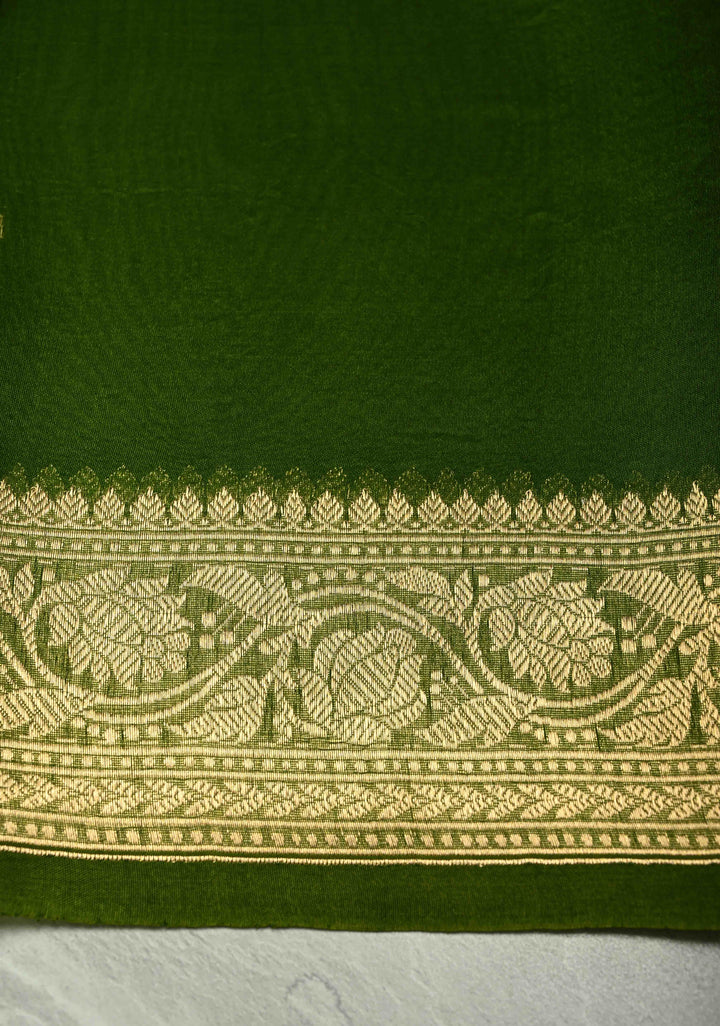 Mehendi Green Pure Banarasi Kora Silk Saree with Zari Buttas and Zari Border | SILK MARK CERTIFIED