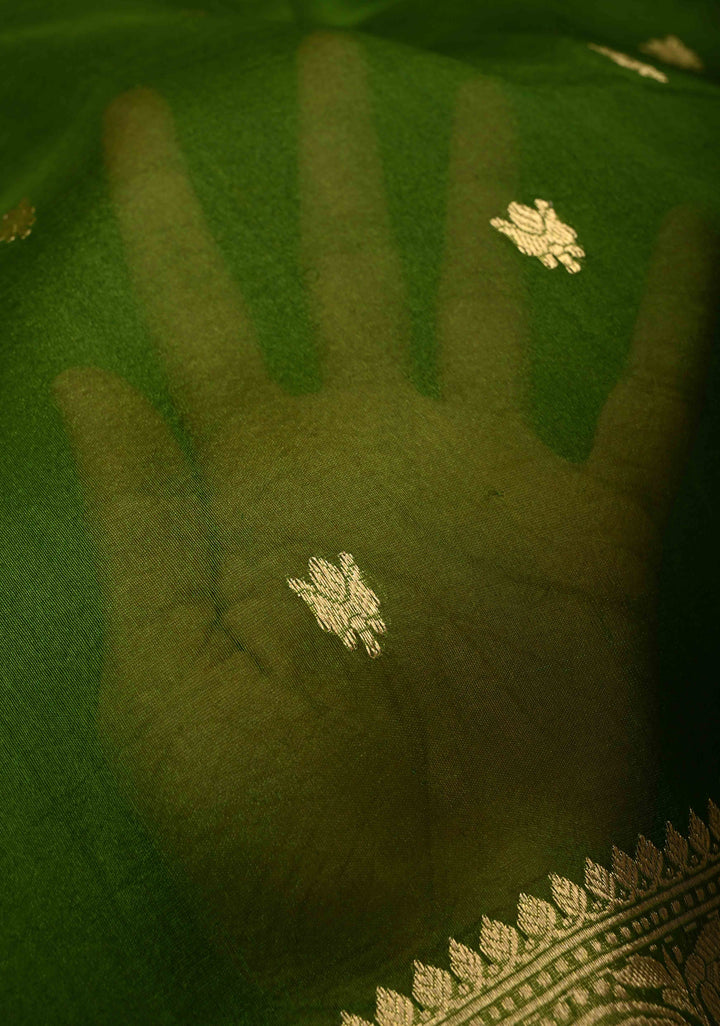 Mehendi Green Pure Banarasi Kora Silk Saree with Zari Buttas and Zari Border | SILK MARK CERTIFIED