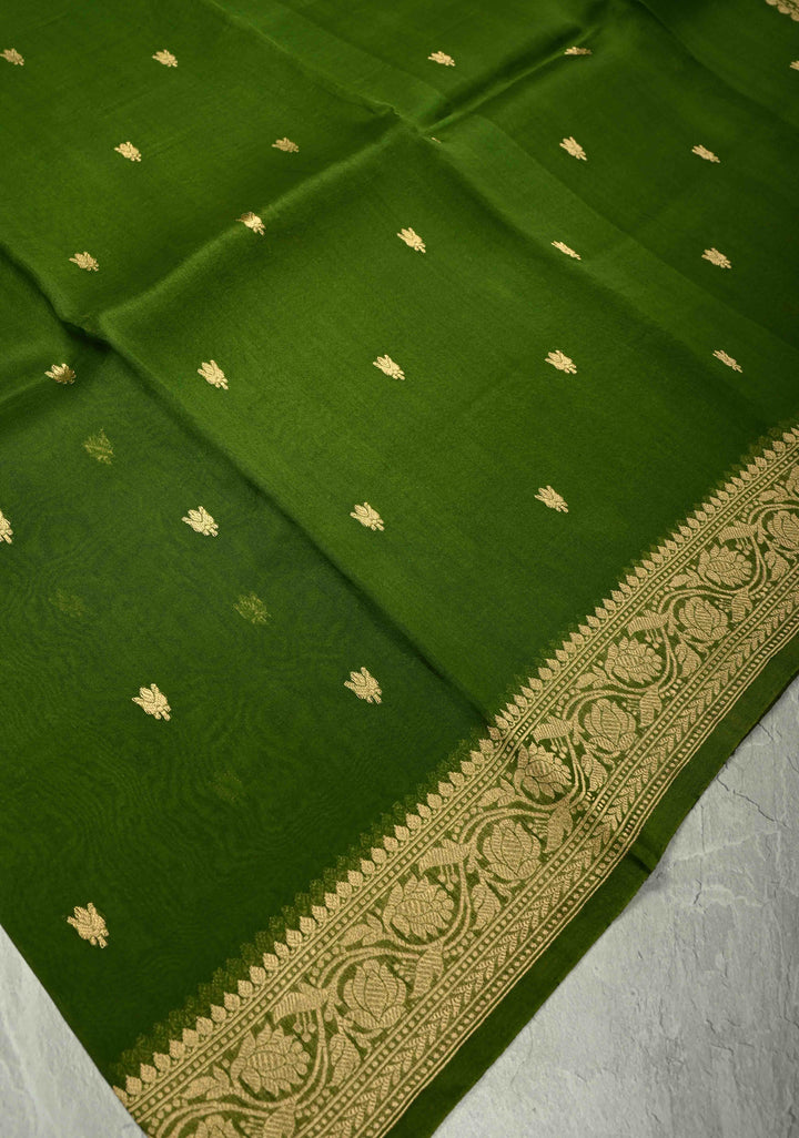 Mehendi Green Pure Banarasi Kora Silk Saree with Zari Buttas and Zari Border | SILK MARK CERTIFIED