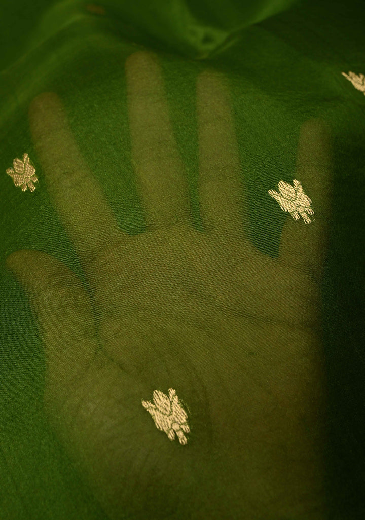 Mehendi Green Pure Banarasi Kora Silk Saree with Zari Buttas and Zari Border | SILK MARK CERTIFIED