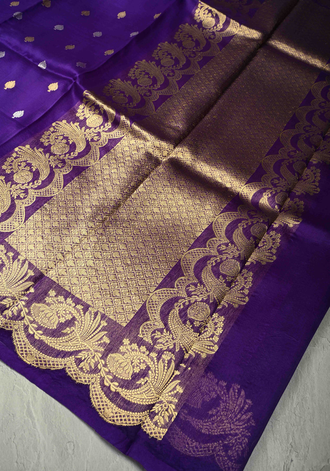 Purple Pure Banarasi Organza Silk Saree with Sona Rupa Buttas and Scallop Border | SILK MARK CERTIFIED | SHOBITAM