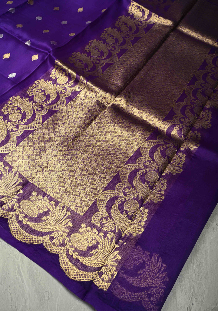 Purple Pure Banarasi Organza Silk Saree with Sona Rupa Buttas and Scallop Border | SILK MARK CERTIFIED | SHOBITAM