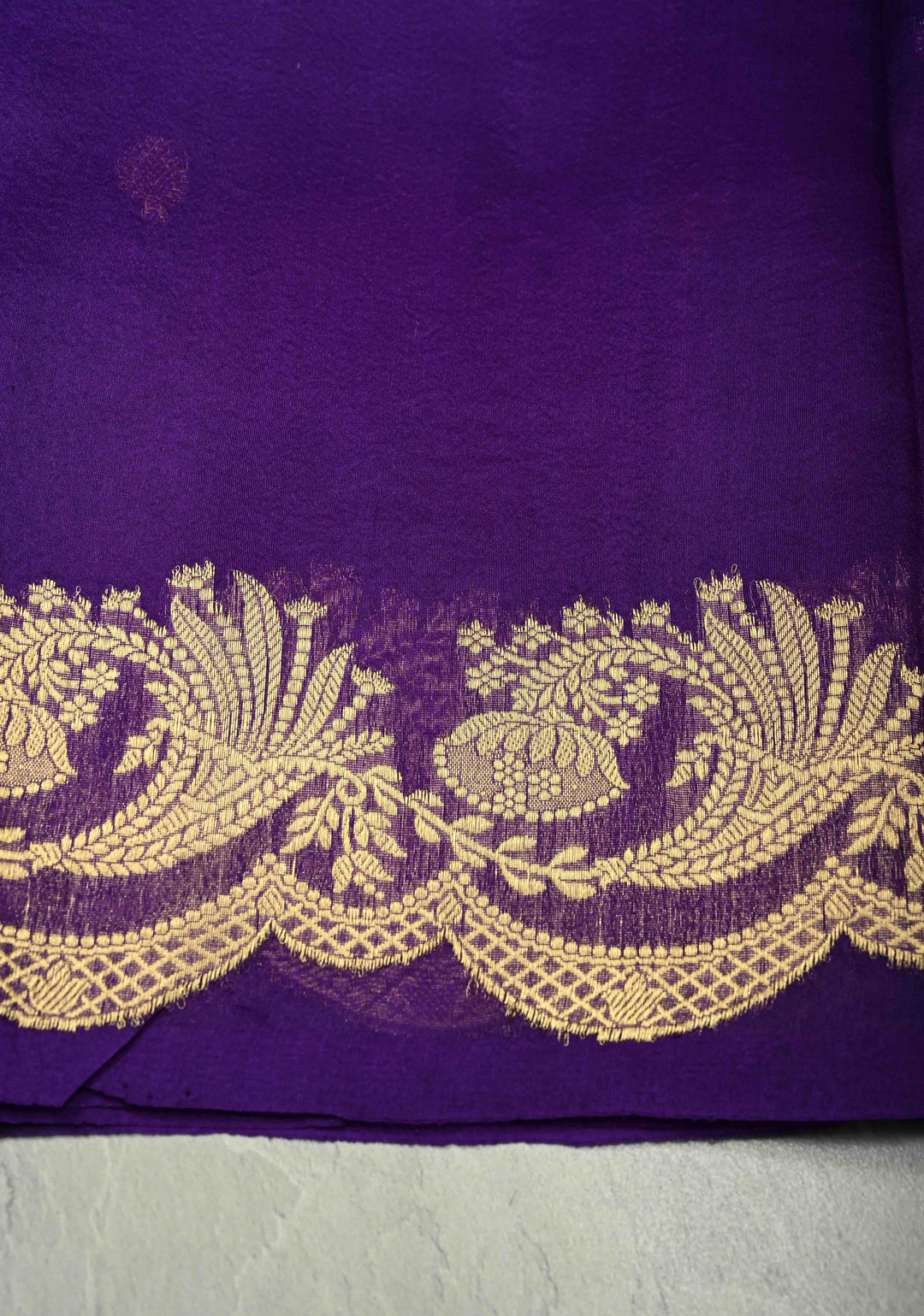 Purple Pure Banarasi Organza Silk Saree with Sona Rupa Buttas and Scallop Border | SILK MARK CERTIFIED