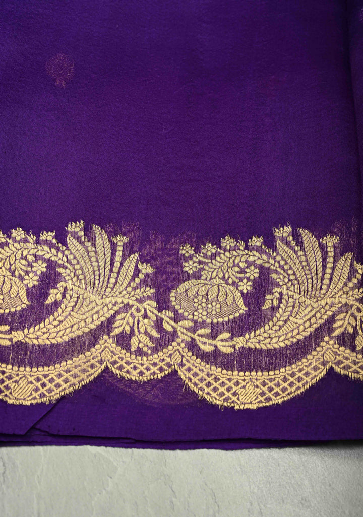 Purple Pure Banarasi Organza Silk Saree with Sona Rupa Buttas and Scallop Border | SILK MARK CERTIFIED | SHOBITAM