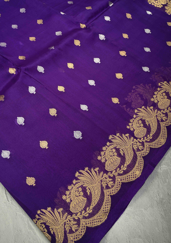 Purple Pure Banarasi Organza Silk Saree with Sona Rupa Buttas and Scallop Border | SILK MARK CERTIFIED | SHOBITAM
