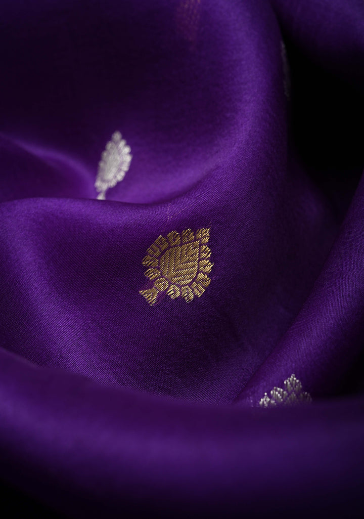 Purple Pure Banarasi Organza Silk Saree with Sona Rupa Buttas and Scallop Border | SILK MARK CERTIFIED | SHOBITAM