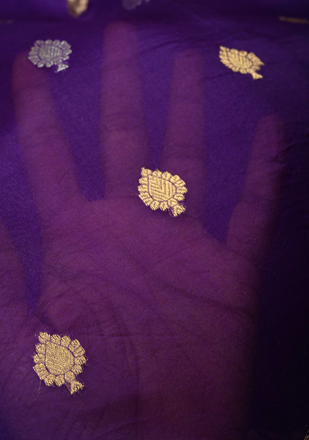 Purple Pure Banarasi Organza Silk Saree with Sona Rupa Buttas and Scallop Border | SILK MARK CERTIFIED | SHOBITAM