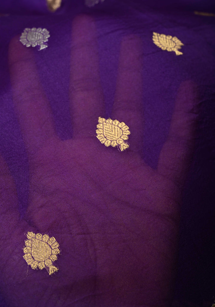 Purple Pure Banarasi Organza Silk Saree with Sona Rupa Buttas and Scallop Border | SILK MARK CERTIFIED | SHOBITAM