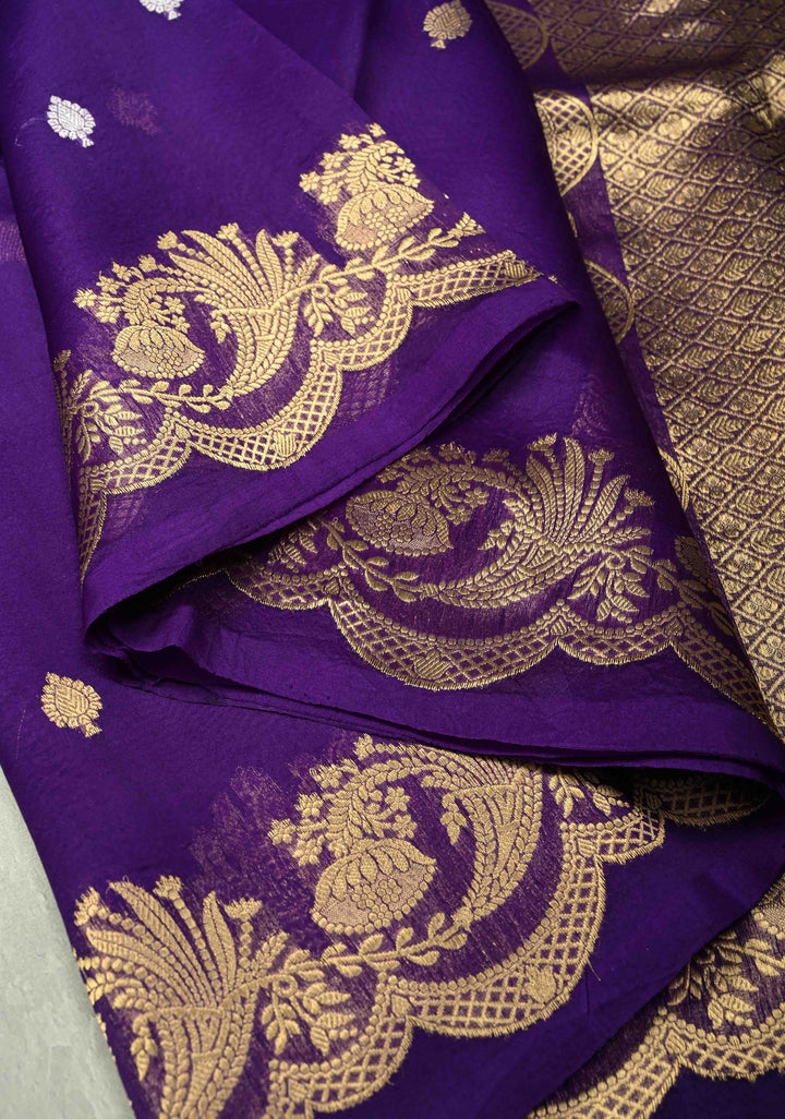 Purple Pure Banarasi Organza Silk Saree with Sona Rupa Buttas and Scallop Border | SILK MARK CERTIFIED | SHOBITAM