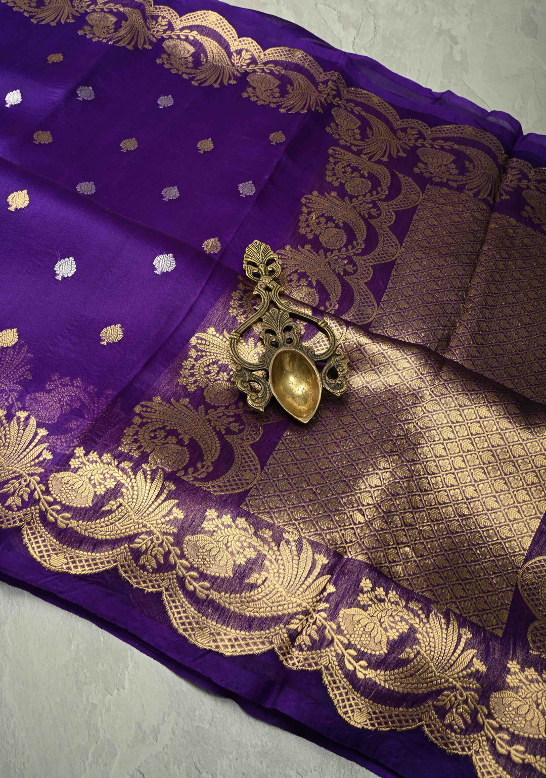 Purple Pure Banarasi Organza Silk Saree with Sona Rupa Buttas and Scallop Border | SILK MARK CERTIFIED | SHOBITAM