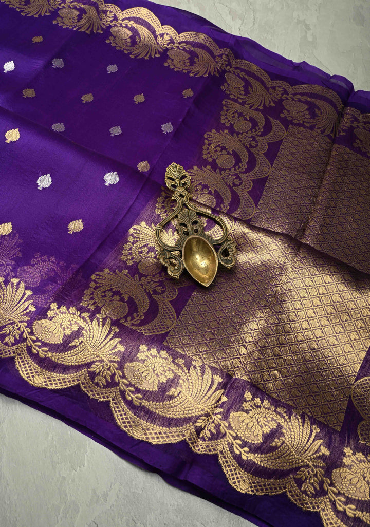 Purple Pure Banarasi Organza Silk Saree with Sona Rupa Buttas and Scallop Border | SILK MARK CERTIFIED | SHOBITAM