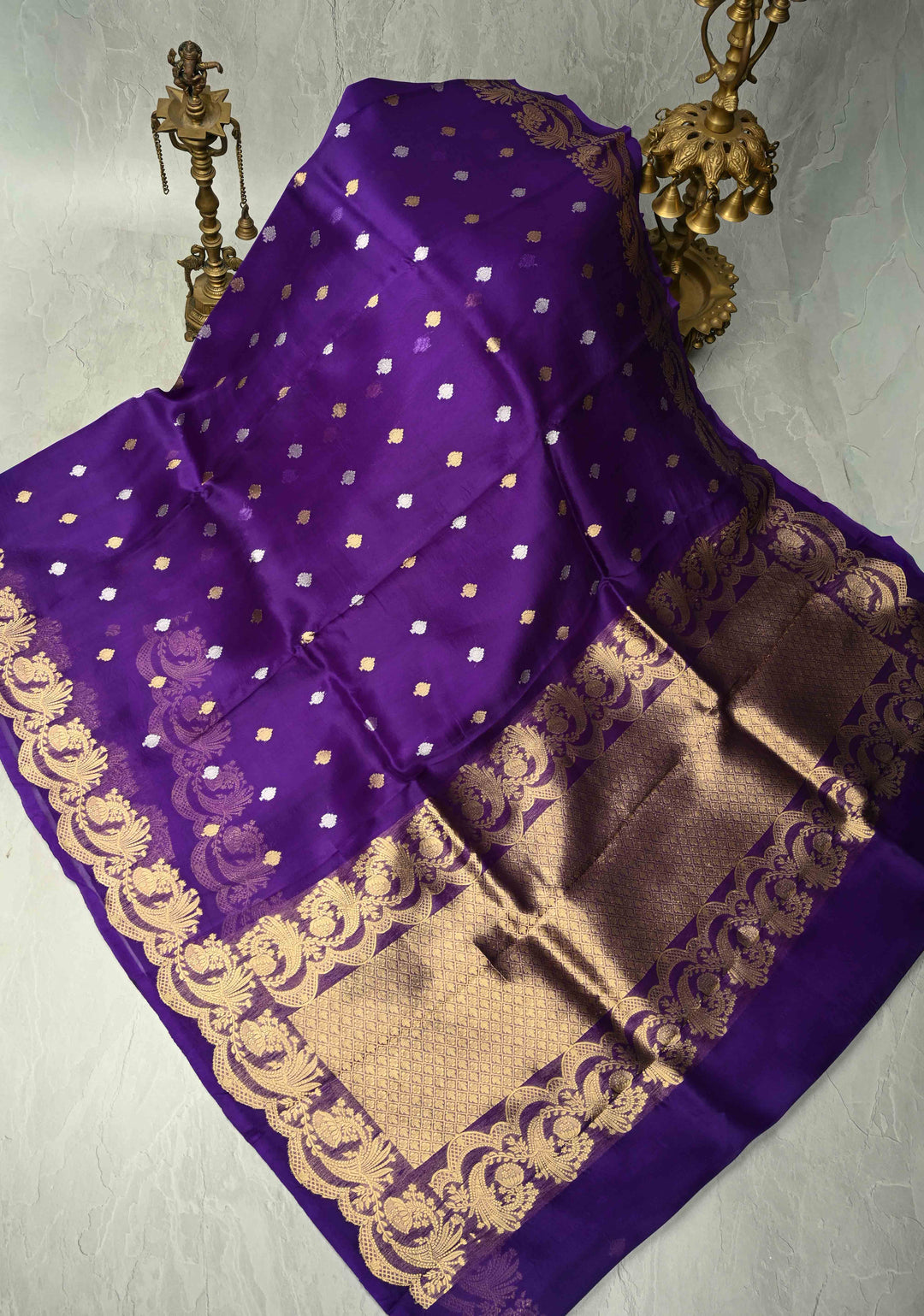 Purple Pure Banarasi Organza Silk Saree with Sona Rupa Buttas and Scallop Border | SILK MARK CERTIFIED | SHOBITAM
