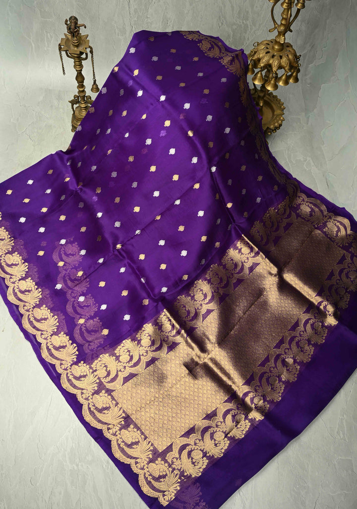 Purple Pure Banarasi Organza Silk Saree with Sona Rupa Buttas and Scallop Border | SILK MARK CERTIFIED | SHOBITAM