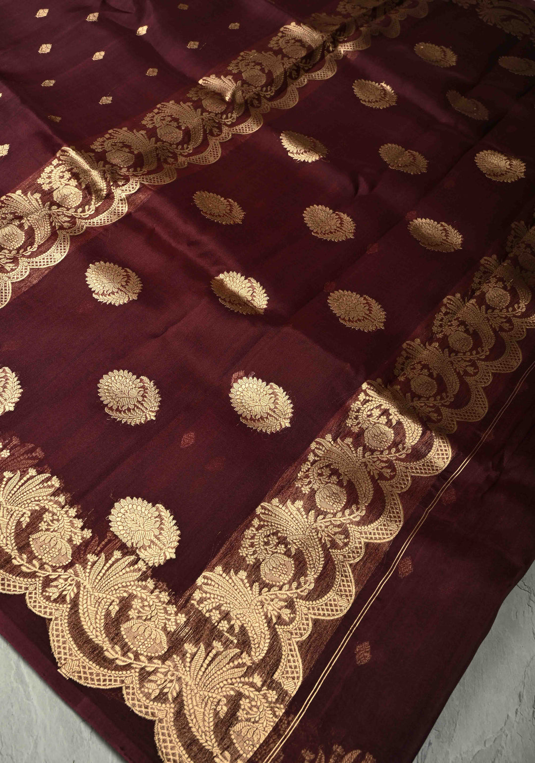 Rich Brown Pure Banarasi Organza Silk Saree with Zari Butta  Scallop Border | SILK MARK CERTIFIED