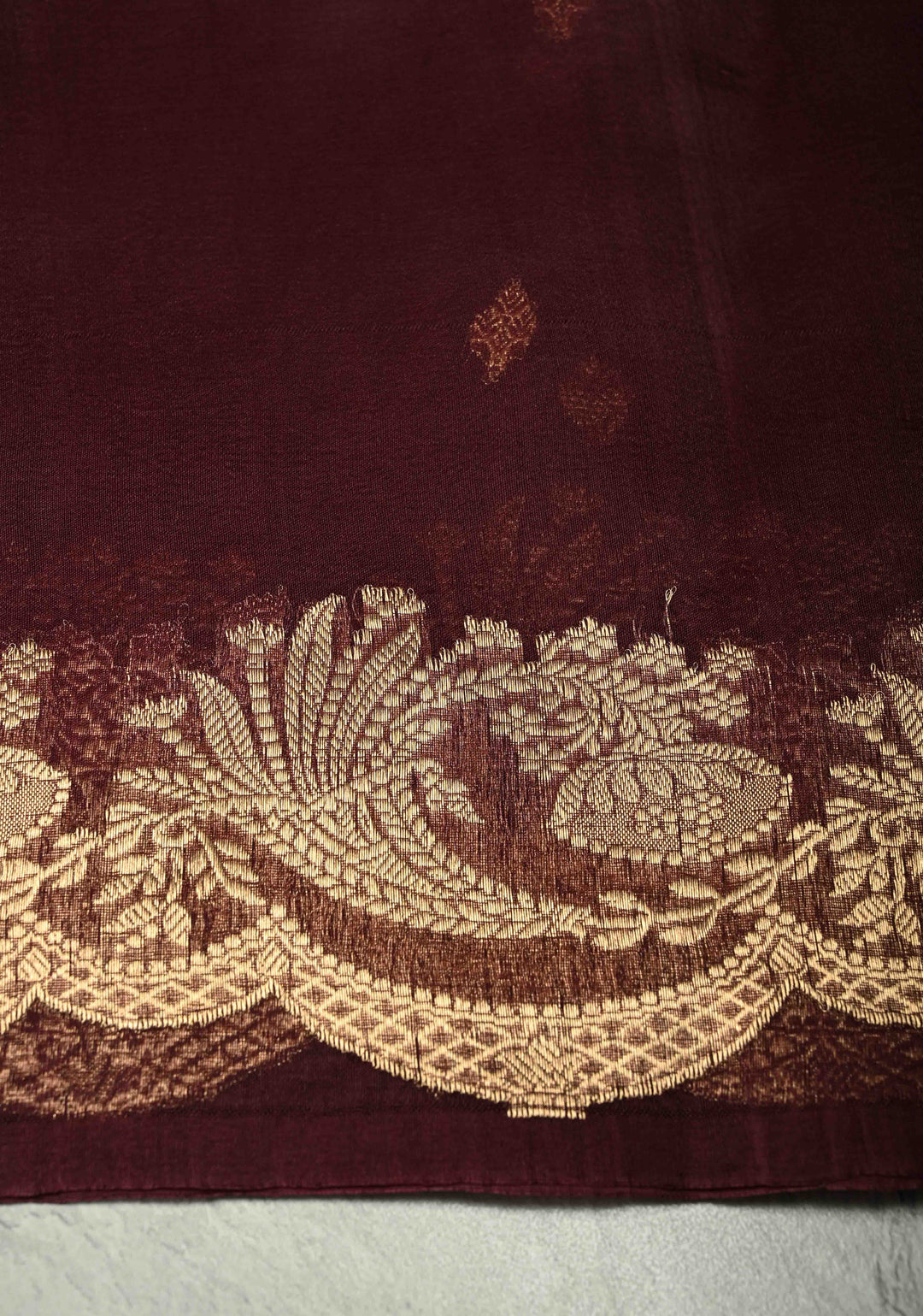 Rich Brown Pure Banarasi Organza Silk Saree with Zari Butta  Scallop Border | SILK MARK CERTIFIED