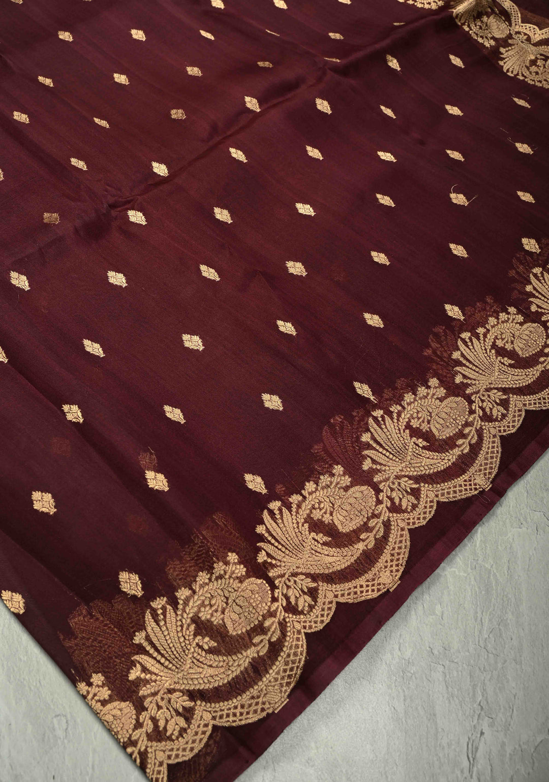 Rich Brown Pure Banarasi Organza Silk Saree with Zari Butta  Scallop Border | SILK MARK CERTIFIED