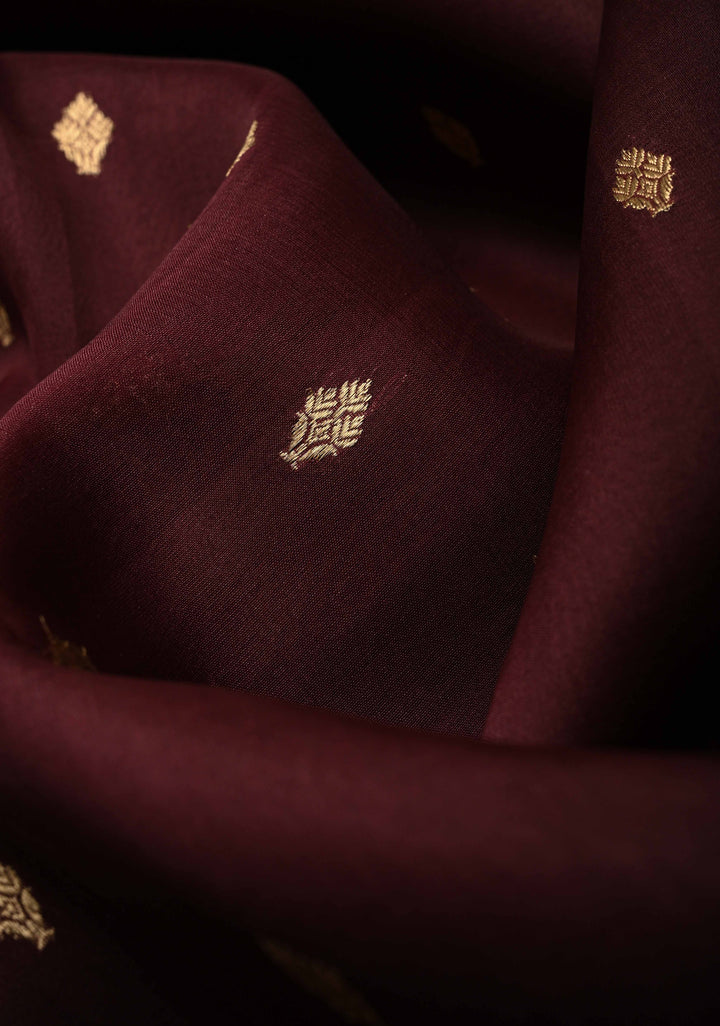 Rich Brown Pure Banarasi Organza Silk Saree with Zari Butta  Scallop Border | SILK MARK CERTIFIED