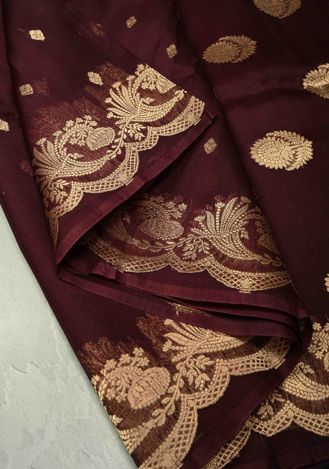 Rich Brown Pure Banarasi Organza Silk Saree with Zari Butta  Scallop Border | SILK MARK CERTIFIED