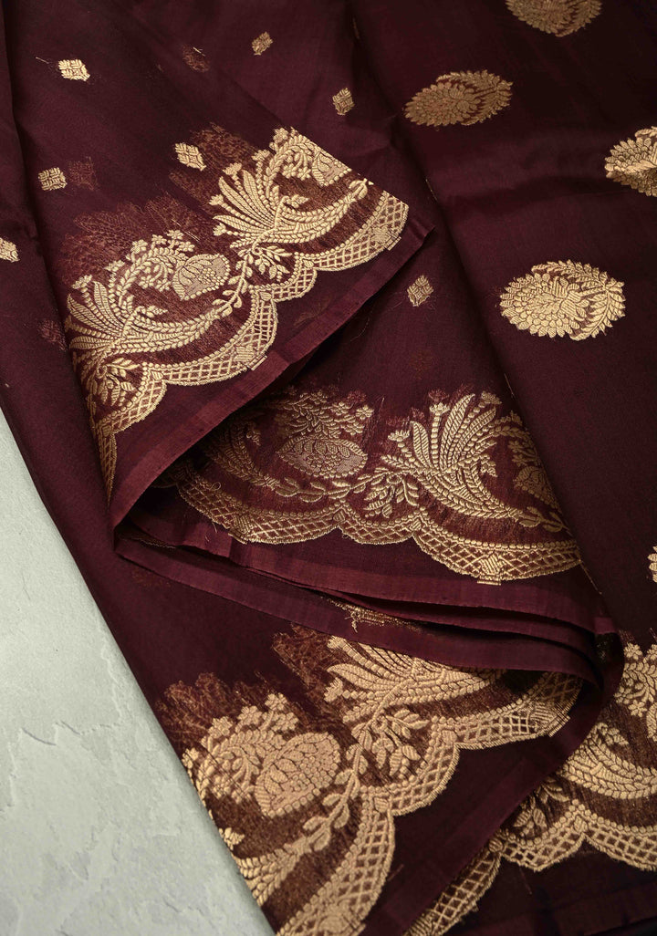 Rich Brown Pure Banarasi Organza Silk Saree with Zari Butta  Scallop Border | SILK MARK CERTIFIED