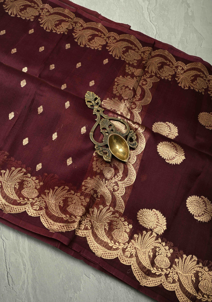 Rich Brown Pure Banarasi Organza Silk Saree with Zari Butta  Scallop Border | SILK MARK CERTIFIED