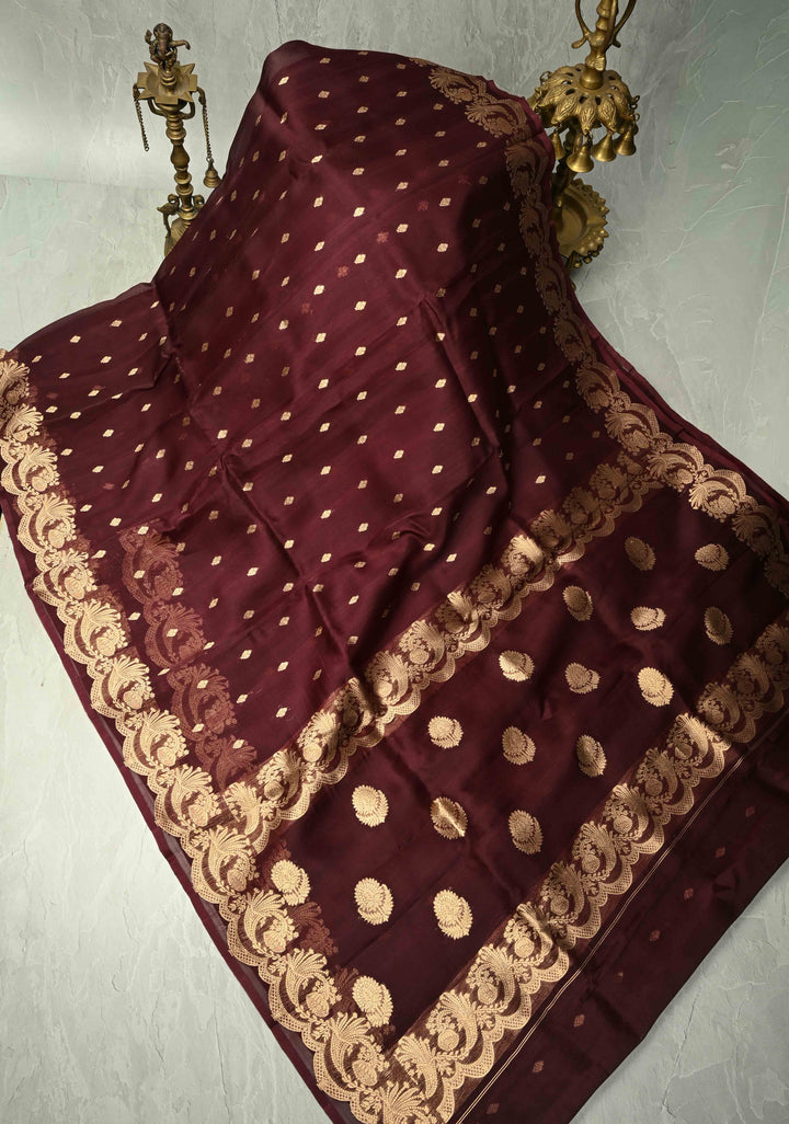 Rich Brown Pure Banarasi Organza Silk Saree with Zari Butta  Scallop Border | SILK MARK CERTIFIED
