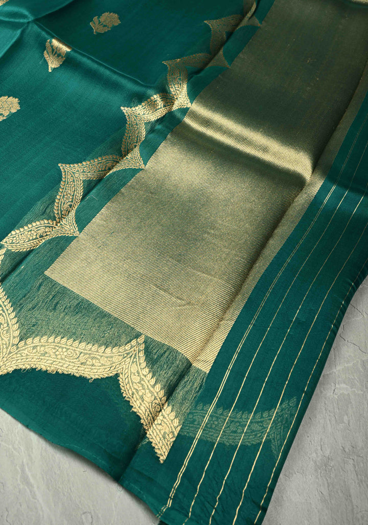 Teal Green Pure Banarasi Organza Silk Saree with Floral Zari Buttas and Scallop Border | SILK MARK CERTIFIED | SHOBITAM