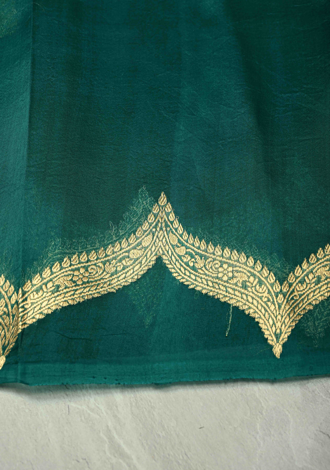 Teal Green Pure Banarasi Organza Silk Saree with Floral Zari Buttas and Scallop Border | SILK MARK CERTIFIED | SHOBITAM